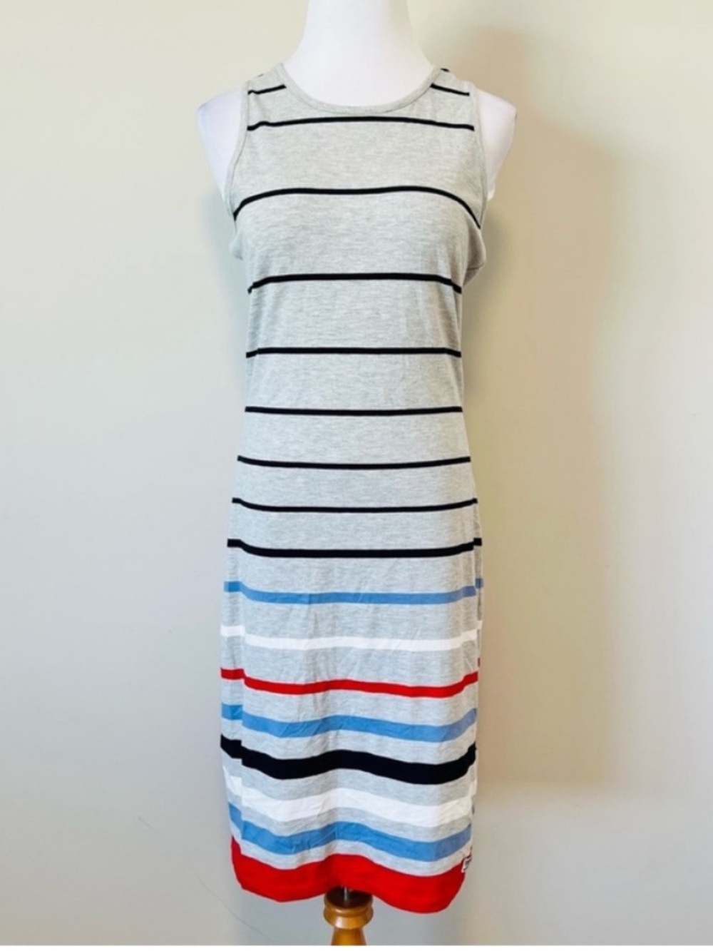 Superdry Sleeveless Midi Dress in Gray with Navy, Light Blue and Red Stripes